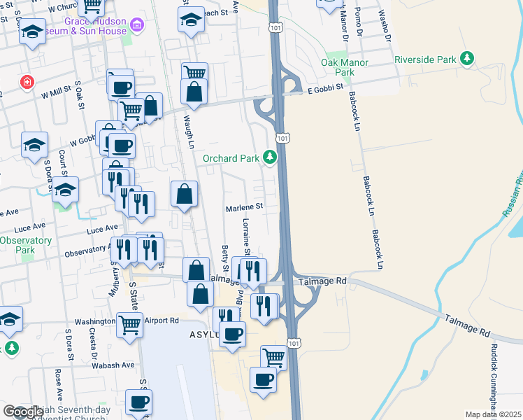map of restaurants, bars, coffee shops, grocery stores, and more near 38 Lorraine Street in Ukiah