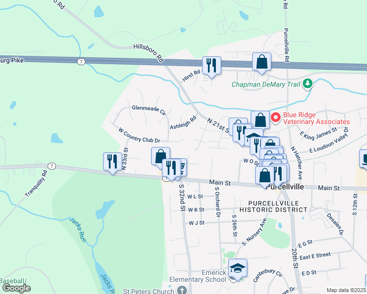 map of restaurants, bars, coffee shops, grocery stores, and more near 610 West Country Club Drive in Purcellville