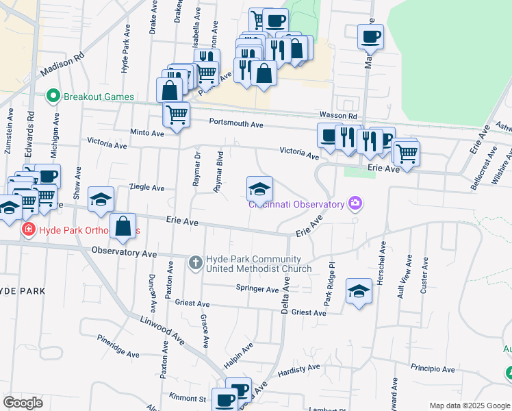 map of restaurants, bars, coffee shops, grocery stores, and more near 3030 Erie Avenue in Cincinnati