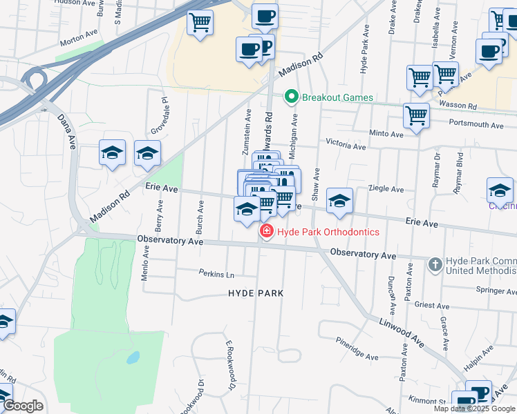 map of restaurants, bars, coffee shops, grocery stores, and more near 2639 Erie Avenue in Cincinnati
