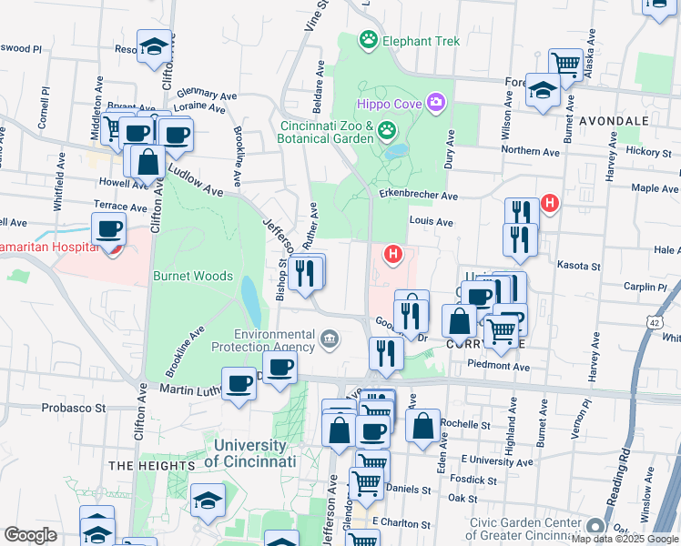 map of restaurants, bars, coffee shops, grocery stores, and more near 3246 Glendora Avenue in Cincinnati