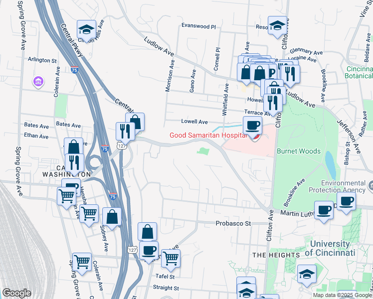 map of restaurants, bars, coffee shops, grocery stores, and more near 587 Martin Luther King Drive West in Cincinnati