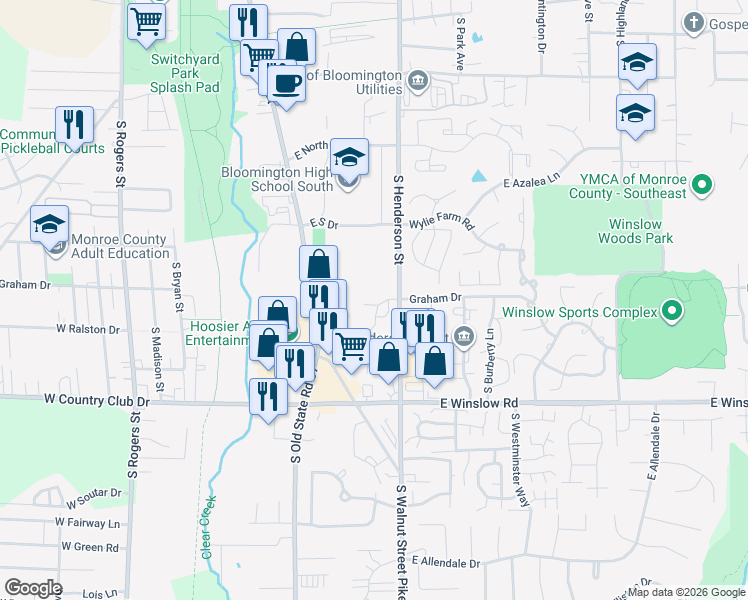 map of restaurants, bars, coffee shops, grocery stores, and more near 587 East Graham Place in Bloomington