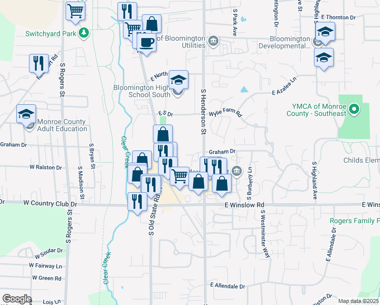map of restaurants, bars, coffee shops, grocery stores, and more near 587 East Graham Place in Bloomington