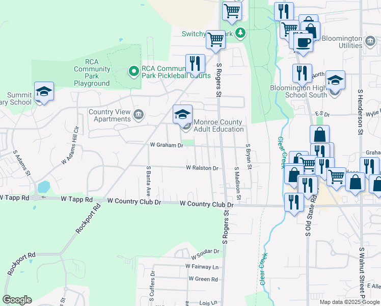 map of restaurants, bars, coffee shops, grocery stores, and more near 2500-2532 S Ford Ave in Bloomington