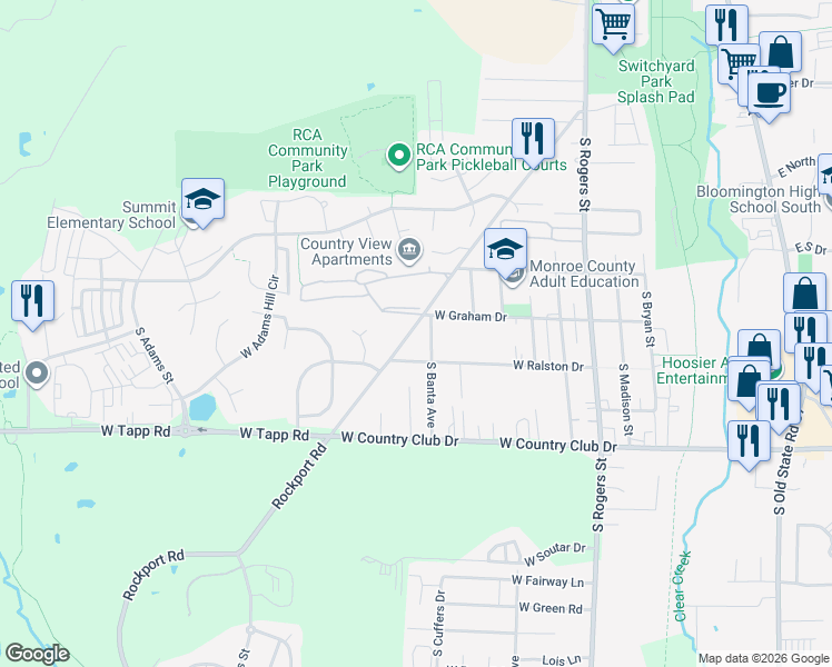 map of restaurants, bars, coffee shops, grocery stores, and more near 2607 South Rockport Road in Bloomington