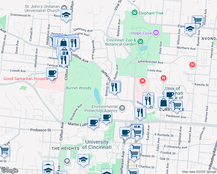 map of restaurants, bars, coffee shops, grocery stores, and more near 3239 Jefferson Avenue in Cincinnati