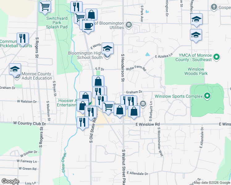 map of restaurants, bars, coffee shops, grocery stores, and more near 587 East Graham Place in Bloomington