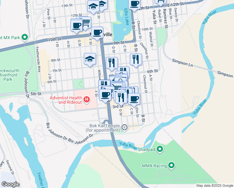 map of restaurants, bars, coffee shops, grocery stores, and more near 401 D Street in Marysville