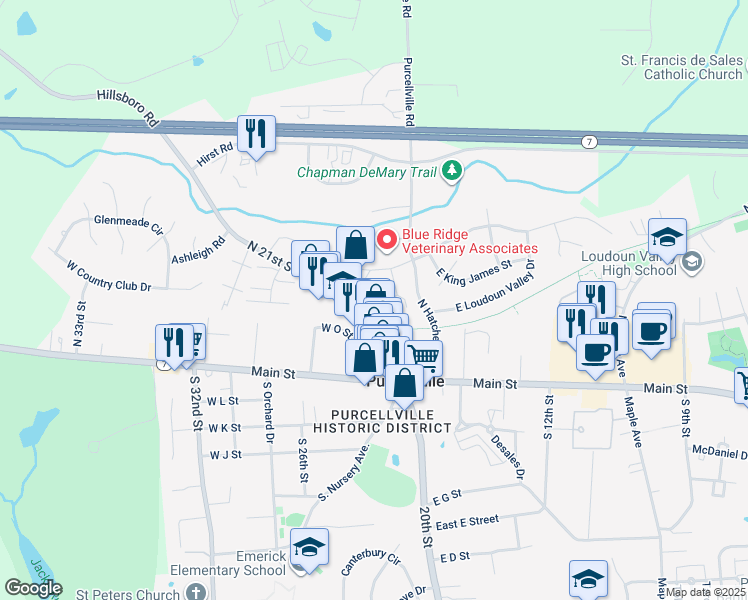 map of restaurants, bars, coffee shops, grocery stores, and more near 210 North 21st Street in Purcellville