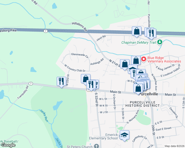 map of restaurants, bars, coffee shops, grocery stores, and more near 630 W Country Club Dr in Purcellville