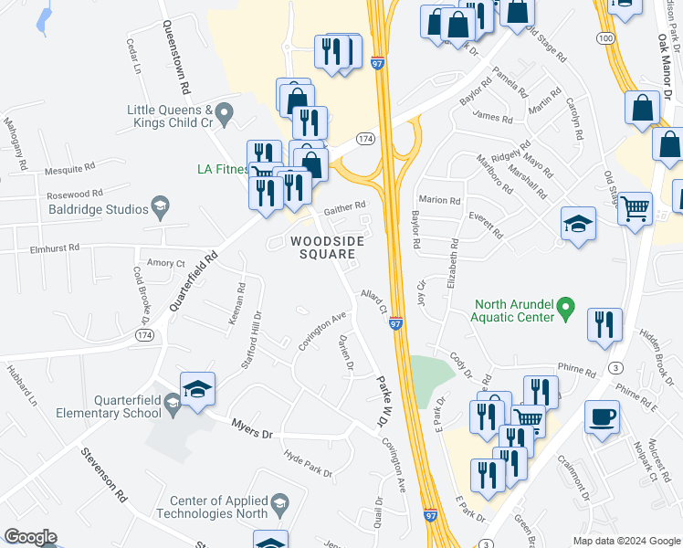 map of restaurants, bars, coffee shops, grocery stores, and more near 456 Glen Court in Glen Burnie