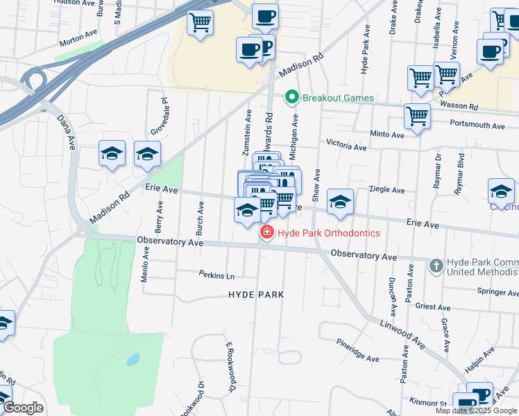 map of restaurants, bars, coffee shops, grocery stores, and more near 2645 Erie Avenue in Cincinnati