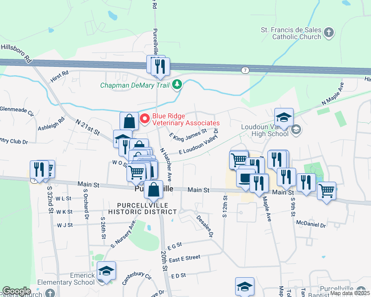 map of restaurants, bars, coffee shops, grocery stores, and more near 301 East Loudoun Valley Drive in Purcellville