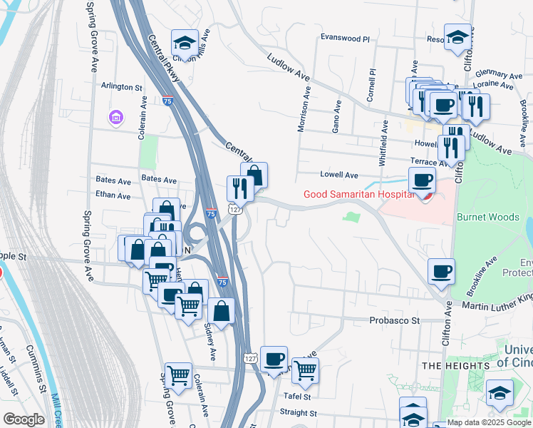 map of restaurants, bars, coffee shops, grocery stores, and more near 727 Martin Luther King Drive West in Cincinnati