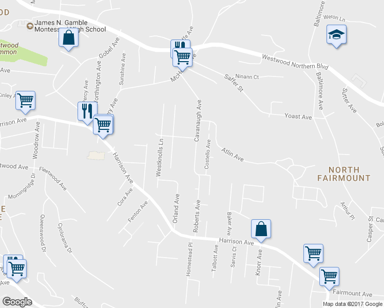 map of restaurants, bars, coffee shops, grocery stores, and more near 2931 Cavanaugh Avenue in Cincinnati