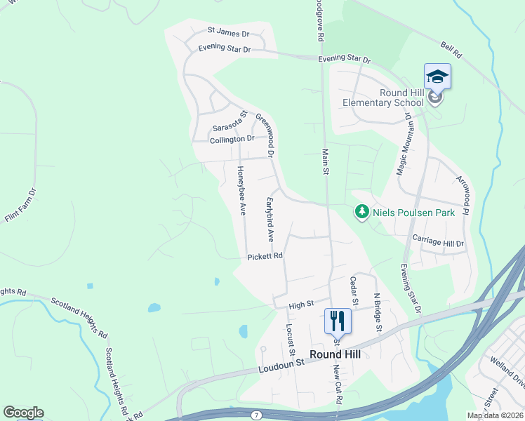 map of restaurants, bars, coffee shops, grocery stores, and more near 13 Early Avenue in Round Hill