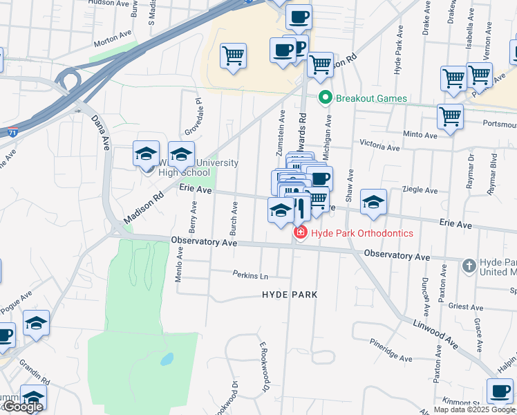 map of restaurants, bars, coffee shops, grocery stores, and more near 2603 Erie Avenue in Cincinnati