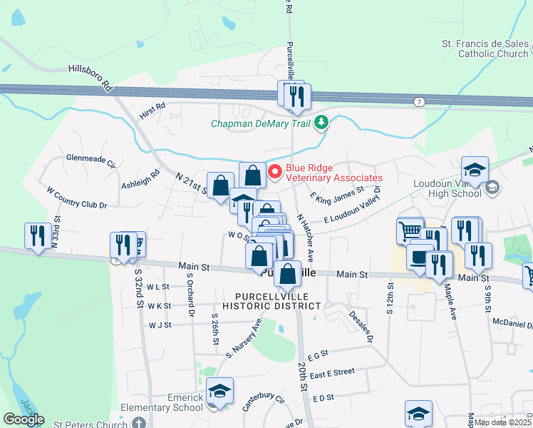 map of restaurants, bars, coffee shops, grocery stores, and more near 210 North 21st Street in Purcellville
