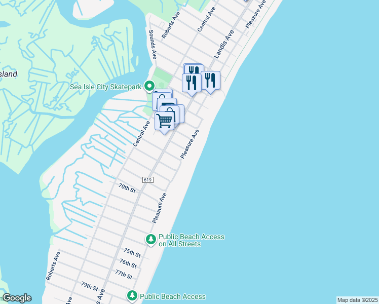 map of restaurants, bars, coffee shops, grocery stores, and more near 6401 Pleasure Avenue in Sea Isle City