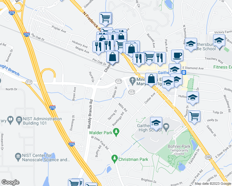 map of restaurants, bars, coffee shops, grocery stores, and more near 17 Water Street in Gaithersburg