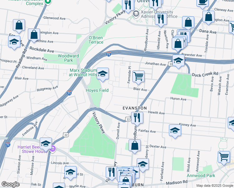 map of restaurants, bars, coffee shops, grocery stores, and more near 1516 Ruth Avenue in Cincinnati