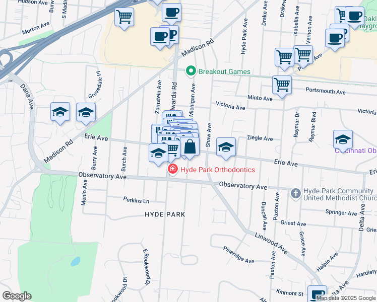 map of restaurants, bars, coffee shops, grocery stores, and more near Erie Avenue & Michigan Avenue in Cincinnati