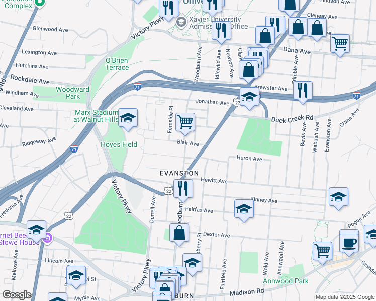 map of restaurants, bars, coffee shops, grocery stores, and more near 3342 Woodburn Avenue in Cincinnati