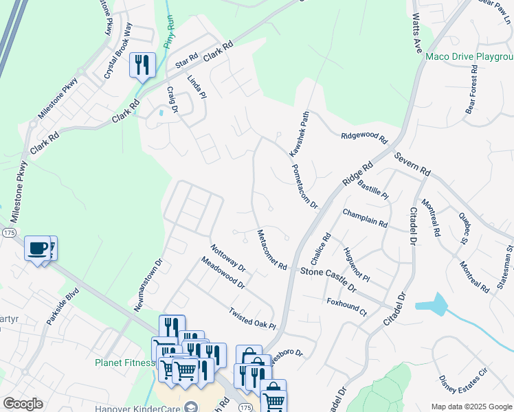 map of restaurants, bars, coffee shops, grocery stores, and more near 7823 Metacomet Road in Hanover