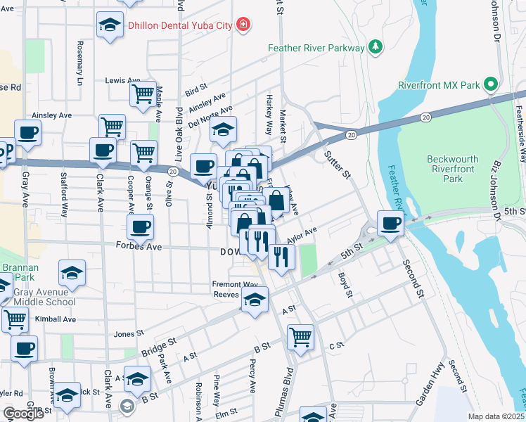 map of restaurants, bars, coffee shops, grocery stores, and more near 754 Shasta St in Yuba City