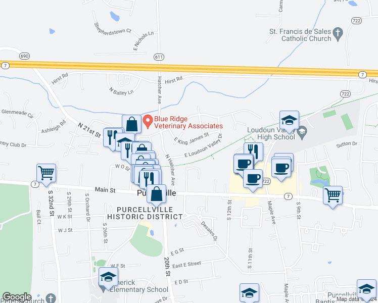 map of restaurants, bars, coffee shops, grocery stores, and more near 301 East Loudoun Valley Drive in Purcellville