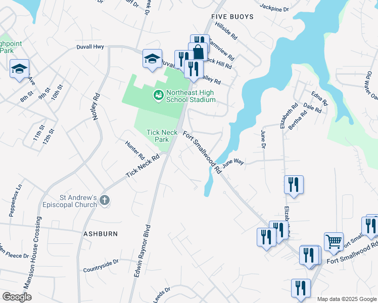 map of restaurants, bars, coffee shops, grocery stores, and more near 206 Saltspray Lane in Pasadena