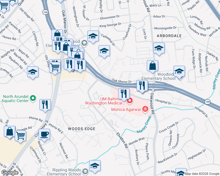 map of restaurants, bars, coffee shops, grocery stores, and more near 313 Hospital Drive in Glen Burnie