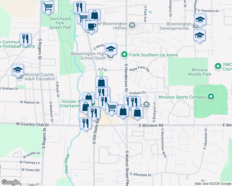 map of restaurants, bars, coffee shops, grocery stores, and more near 598 Graham Place in Bloomington