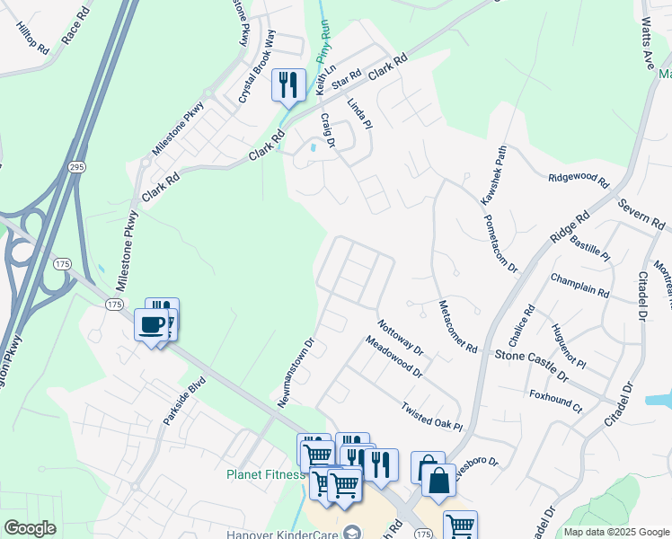 map of restaurants, bars, coffee shops, grocery stores, and more near 7566 Newmanstown Drive in Hanover
