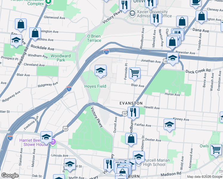 map of restaurants, bars, coffee shops, grocery stores, and more near 1504 Ruth Avenue in Cincinnati