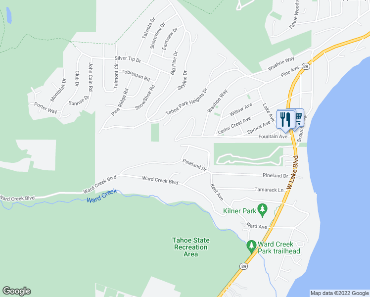 map of restaurants, bars, coffee shops, grocery stores, and more near 1950 Pineland Drive in Tahoe City