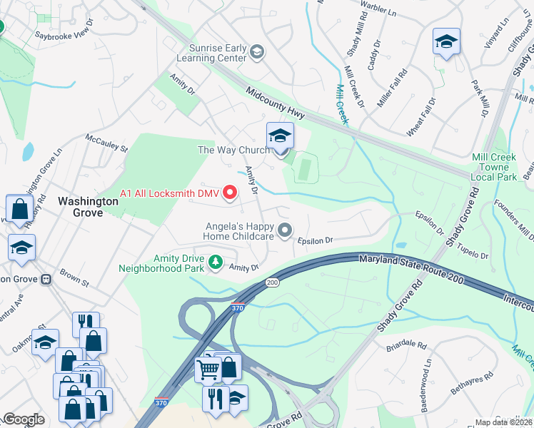 map of restaurants, bars, coffee shops, grocery stores, and more near 17213 Amity Drive in Rockville