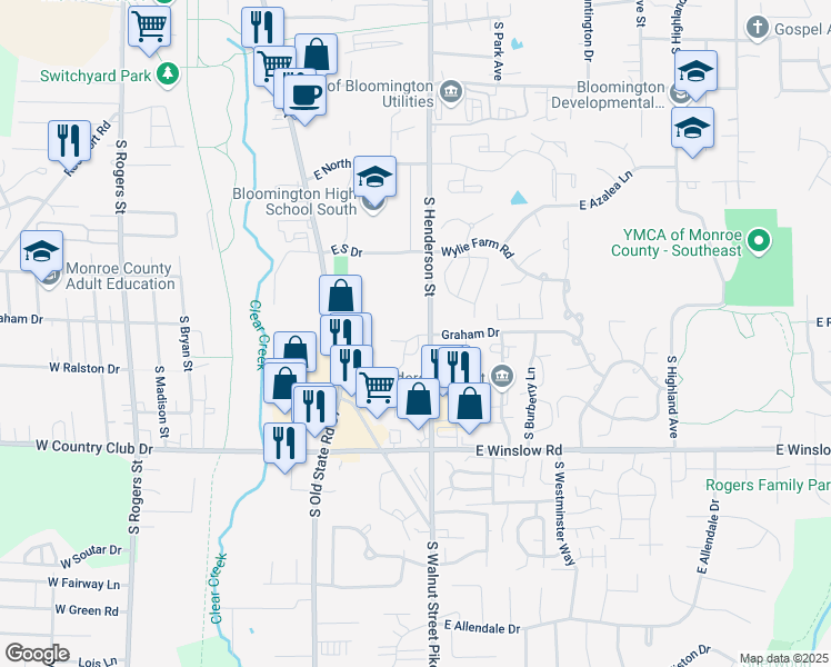 map of restaurants, bars, coffee shops, grocery stores, and more near 587 East Graham Place in Bloomington