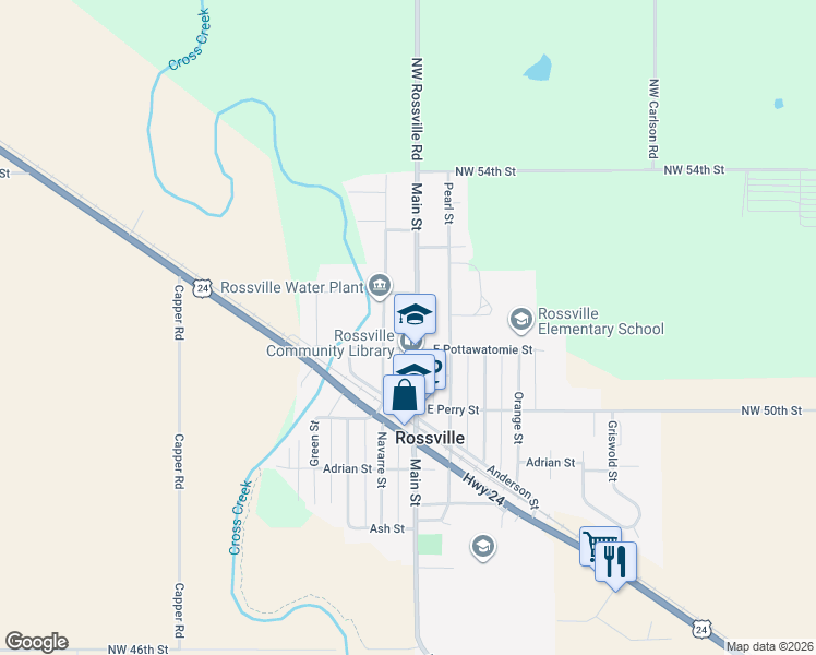 map of restaurants, bars, coffee shops, grocery stores, and more near 316 Main Street in Rossville