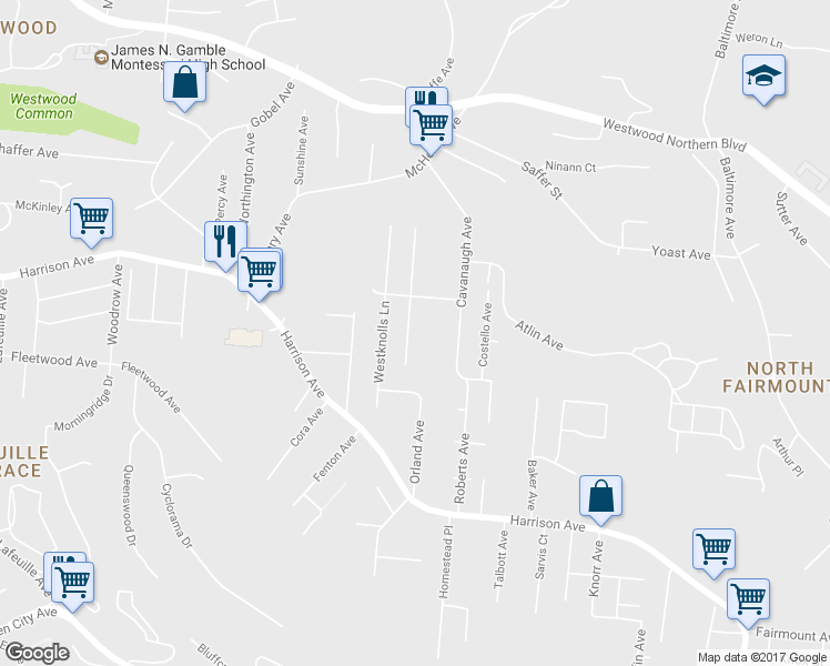 map of restaurants, bars, coffee shops, grocery stores, and more near 2950 Aquadale Lane in Cincinnati