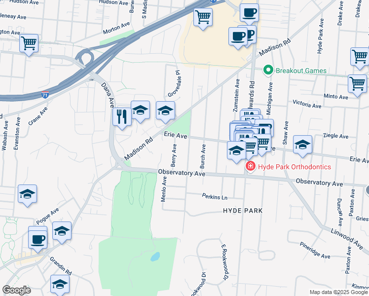 map of restaurants, bars, coffee shops, grocery stores, and more near 3443 Stettinius Avenue in Cincinnati