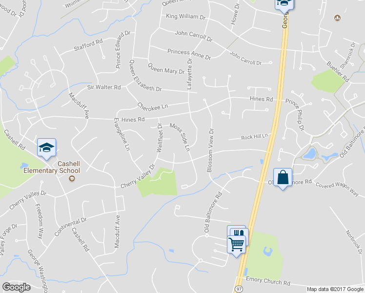 map of restaurants, bars, coffee shops, grocery stores, and more near 17300 Moss Side Lane in Olney