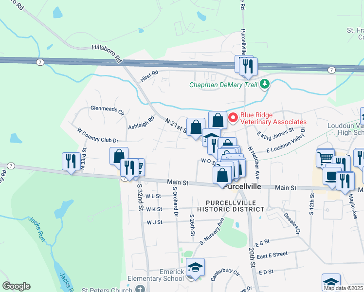 map of restaurants, bars, coffee shops, grocery stores, and more near 208 Croft Square in Purcellville