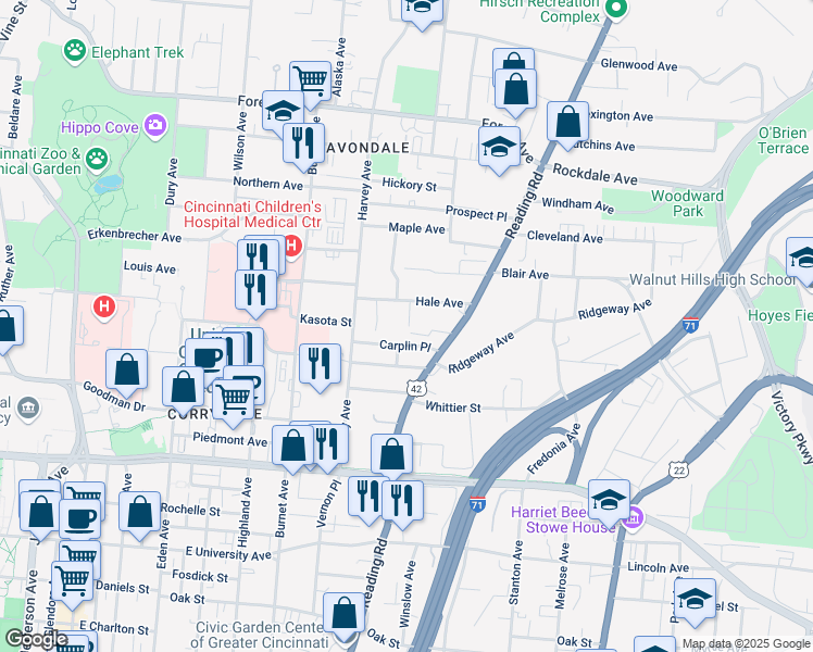 map of restaurants, bars, coffee shops, grocery stores, and more near 537 Hale Avenue in Cincinnati