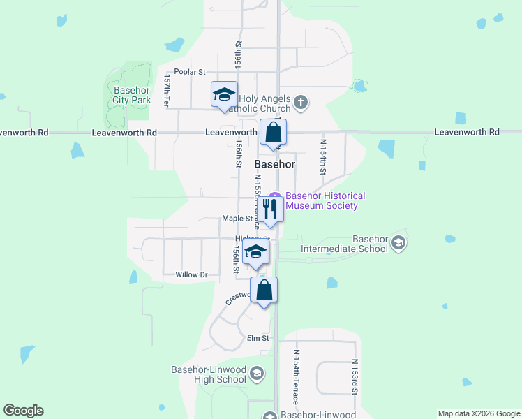 map of restaurants, bars, coffee shops, grocery stores, and more near 2813 North 155th Terrace in Basehor