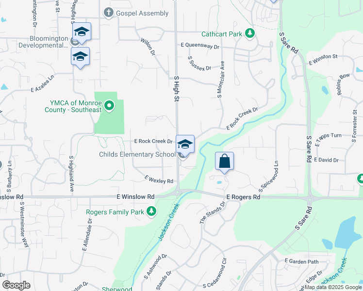 map of restaurants, bars, coffee shops, grocery stores, and more near 2104 East Rock Creek Drive in Bloomington