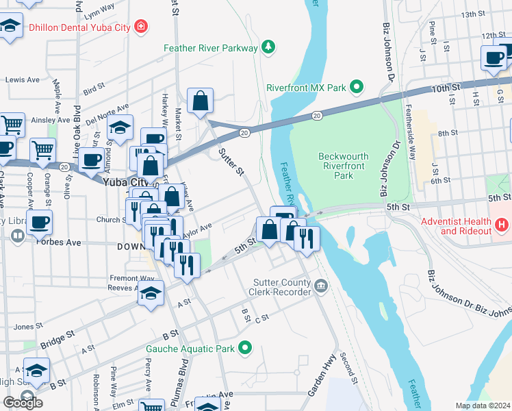 map of restaurants, bars, coffee shops, grocery stores, and more near 667 Sutter Street in Yuba City