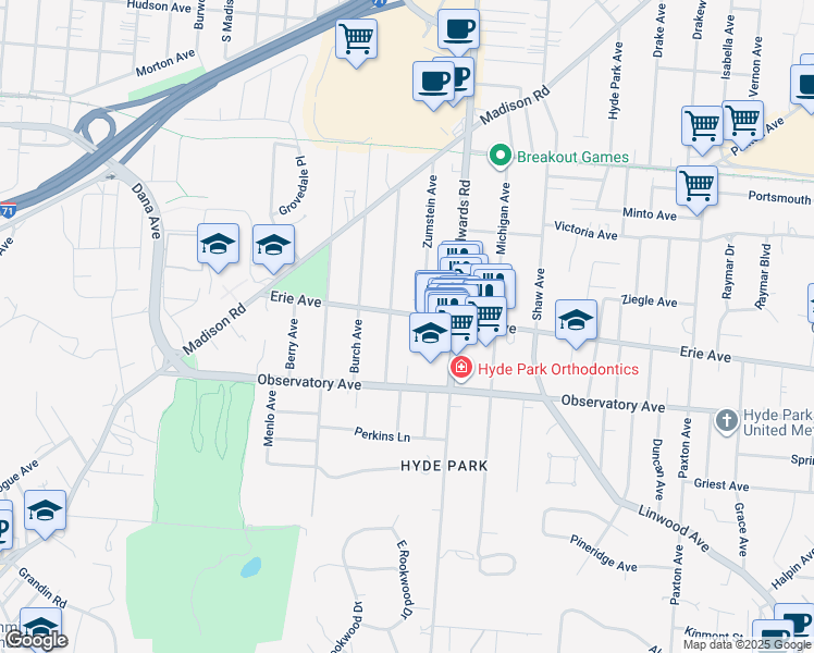 map of restaurants, bars, coffee shops, grocery stores, and more near 2603 Erie Avenue in Cincinnati