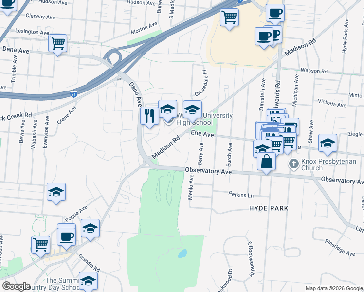 map of restaurants, bars, coffee shops, grocery stores, and more near 2475 Madison Road in Cincinnati